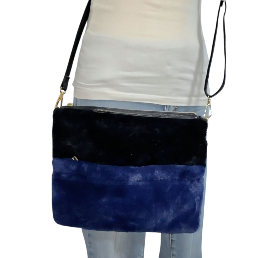 Very Soft Faux Fur Black and Blue Crossbody Bag